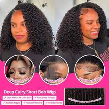 Curly Human Hair Wig With Bangs 13x4 Lace Short Water Wave Curly Glueless Wigs Layered Bob Wig Human Hair 250% Density Ready To Wear Wigs Glueless Human Hair For Women (12 Inch 1B Black) - Natural Black - 查看 5