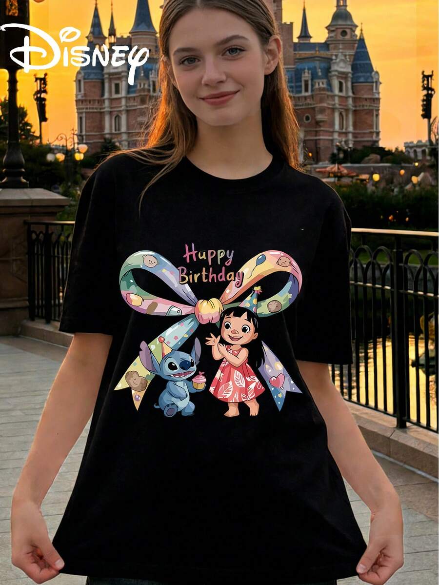 Disney StarCraft Baby Lilo And Stitch Birthday Party Printed Loose Short Sleeve T-Shirt Women's Casual Top - 黑色 - 查看 1