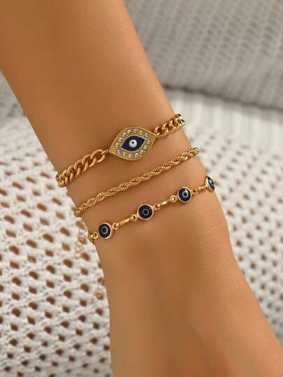 3pcs/Set Fashion Evil Eye Combination Bracelet, Metal Chain Minimalist Jewelry For Women, Suitable For Daily Wear, Outing, Music Festival, Photo Shoot, Handmade Chain Can Be Cut To Desired Length, Bead Quantity Not Fixed
