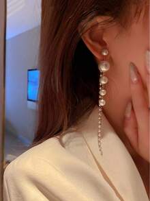 1 Pair Bridal Crystal & Pearl Tassel Drop Earrings - White - View 3