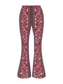 AiTyi 女士喇叭裤，通勤时尚舒适休闲性感印花复古度假派对百搭针织裤，适合毕业典礼、独立日、新年、骄傲月、音乐节等各种场合，四季皆宜，复古印花针织裤，春季必备 - 紅色 - 查看 4