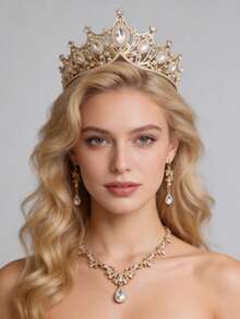 4件套皇冠头饰套装，优雅水晶女王皇冠项链耳环新娘婚礼配饰 - 金色 - 查看 1