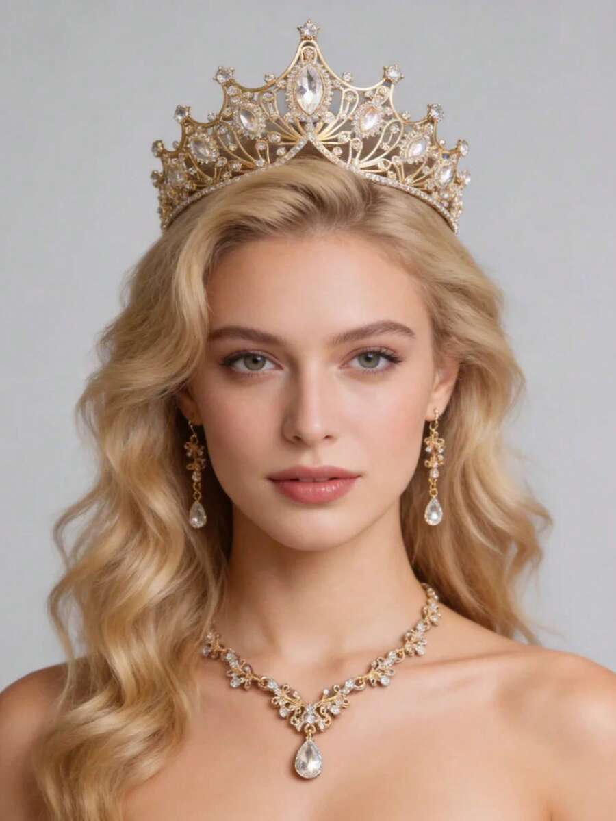 4件套皇冠头饰套装，优雅水晶女王皇冠项链耳环新娘婚礼配饰 - 金色 - 查看 1