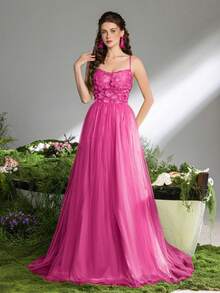 Faeriesty 女士优雅浪漫系带长款正式晚礼服，饰以3D立体花卉图案，适合春季婚礼、花园派对、户外森林庆典、浪漫晚餐和正式肖像摄影派对等场合。 - 玫紅色 - 查看 1