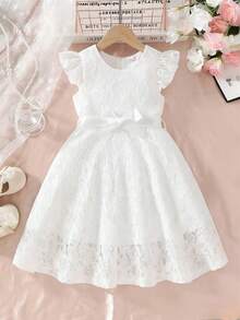 Prinzessinnenkleid für Mädchen im Alter von 4-7 Jahren mit Spitze, kurzen Ärmeln, reinweißer Struktur und Schleifenbund, elegantes und süßes Kinderkleid, geeignet für Alltag, Geburtstagsfeiern, Treffen und Ausflüge, Cut-Out - Weiss - Übersicht 1