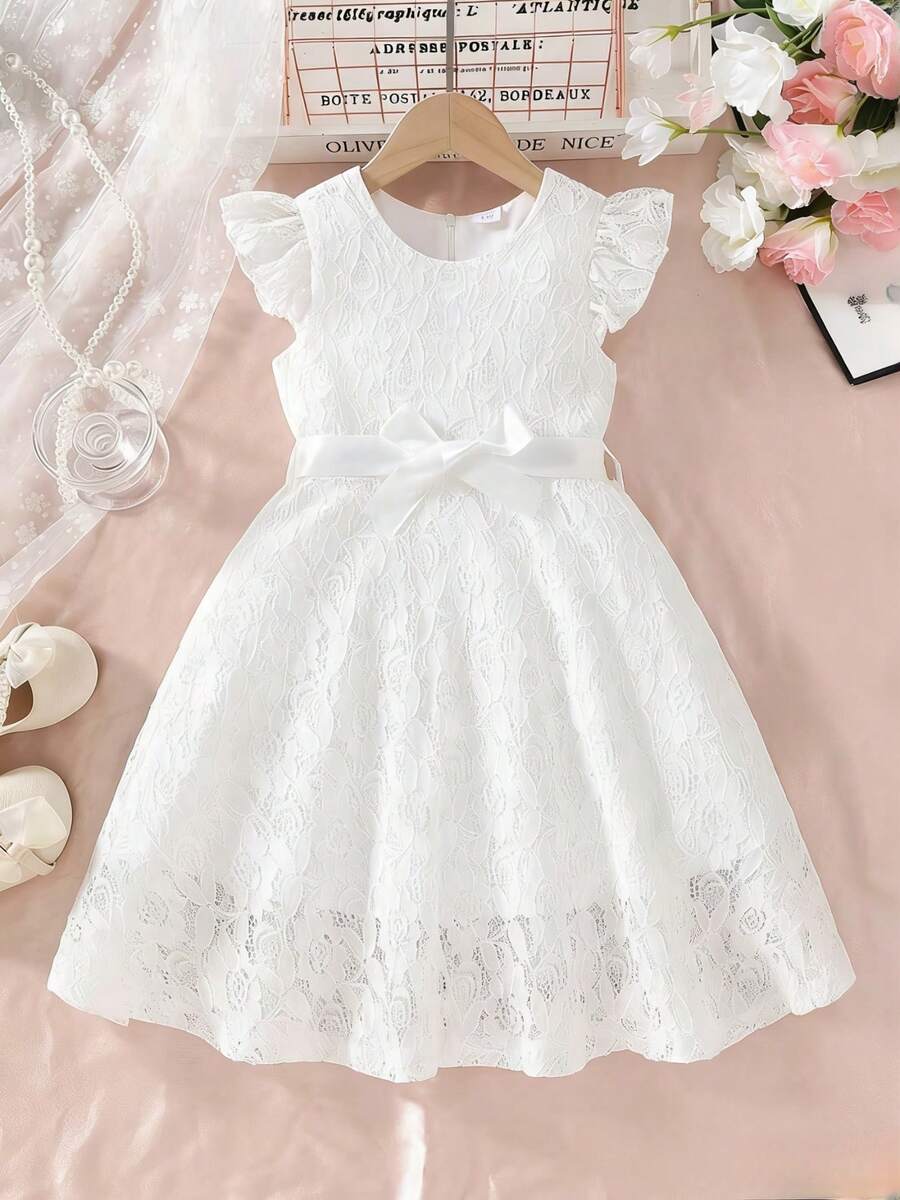 Prinzessinnenkleid für Mädchen im Alter von 4-7 Jahren mit Spitze, kurzen Ärmeln, reinweißer Struktur und Schleifenbund, elegantes und süßes Kinderkleid, geeignet für Alltag, Geburtstagsfeiern, Treffen und Ausflüge, Cut-Out - Weiss - Übersicht 1