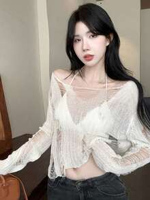 New Arrival Spring/Summer Sweet Innocent Hollow-Out Ripped Knit Sweater, Unique & Gorgeous Top, - Milky White - View 5