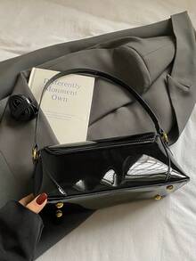 女士法式奢华漆皮法棍包，复古棕色腋下包，优雅单肩斜挎包 - 黑色 - 查看 8