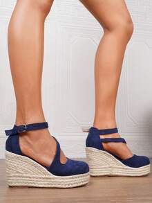 女士仿皮坡跟凉鞋，夏季度假款，方头套脚式，3.15英寸鞋跟，舒适编织镂空鞋，尺码34-43 - 藍色 - 查看 9