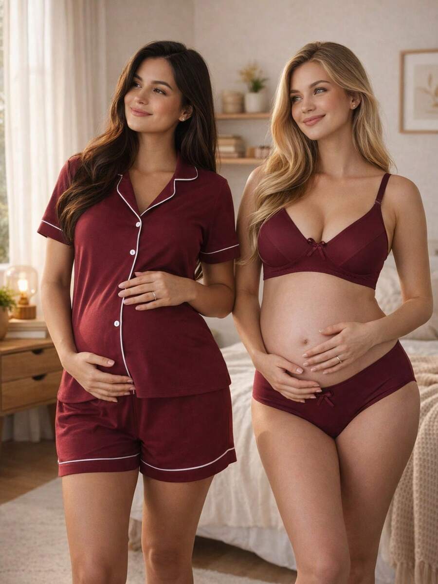 Nursing Pajamas, Nursing Bra, Postpartum Panties - Burgundy - View 1