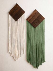 1件87厘米/34.25英寸手工菱形木质流苏挂毯，绿色波西米亚风格编织墙饰，适用于公寓、宿舍、客厅、卧室 - 彩色 - 查看 3