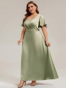 EVERPRETTY Gaun Malam Maxi Satin Hijau Sage Ukuran Plus Elegan dengan Leher V dan Lengan Berkerut, Cocok untuk Tamu Pernikahan di Taman. - Mint Green - View 5