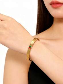 18K Gold Plated Stainless Steel Bracelet, Suitable For Women's Daily Wear, European And American Classic Popular Red And Green Color Elements Design Style, Generous Personalized Elegant Luxury Party Casual Wrist Jewelry, Wedding Jewelry Set, Girls, Women, Mothers, Relatives, Friends, Beautiful Wedding, Birthday, Valentine's Day, Mother's Day Gift. - Gold - View 3