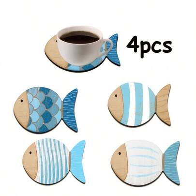7.3x12.5cm Artistic Fish-Shaped Wooden Coaster - Blue Polka Dot & Striped Design, Heat Resistant Coaster For Coffee And Tea Cups, Suitable For Home Bar, Office, Holiday Decor, Dining Table Accessories | Artistic Fish Design | Wooden Coaster
