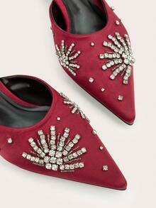 Pointed Toe Rhinestone Slip-On Cone Heel Mid-Heel Backless Mule Sandals - Burgundy - View 4