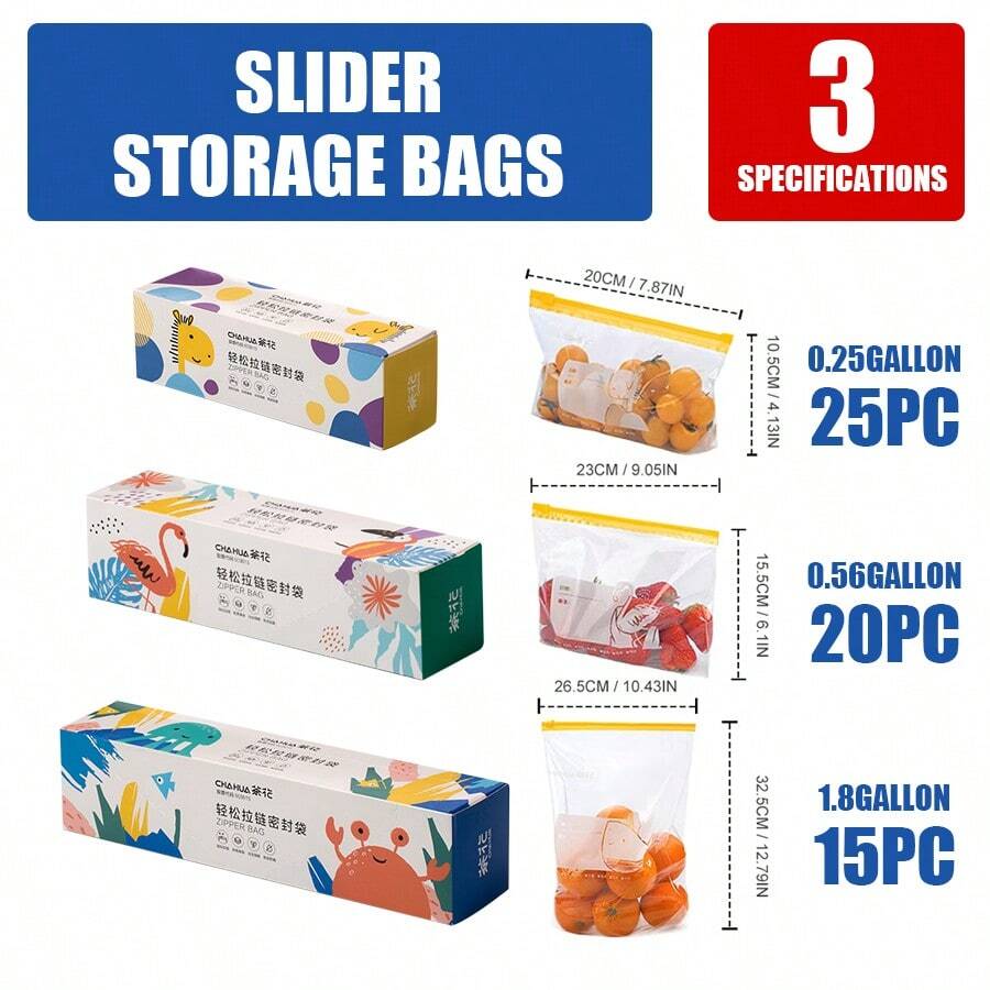 60pcs/50Pcs/45Pcs/25Pcs/15Pcs Assorted Sizes Ziplock Food Storage Bags In Dispenser Box, Leakproof Reusable Seal Bags With Cute Cartoon Prints, Easy-Tear Clear Plastic Food Bags For Snacks Fruits Vegetables Meal Prep Travel Organization - 黃色 - 查看 1