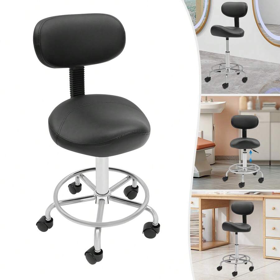 Sgabello a sella con ruote, sgabello ergonomico da ufficio, sgabello da toeletta con schienale, girevole a 360°, regolabile in altezza per centro massaggi, cucina, ufficio, spa, pub, studio di cucito. - nero - Visualizzare 1