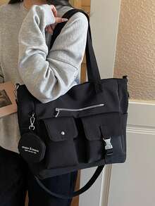 1pc Black Nylon Material Shoulder Bag, Coin Purse Pendant, Metal Buckle & Zipper Decor, Large Capacity Tote Bag With Multiple Pockets, Suitable For Commuting, School, Daily Use - Black - View 3