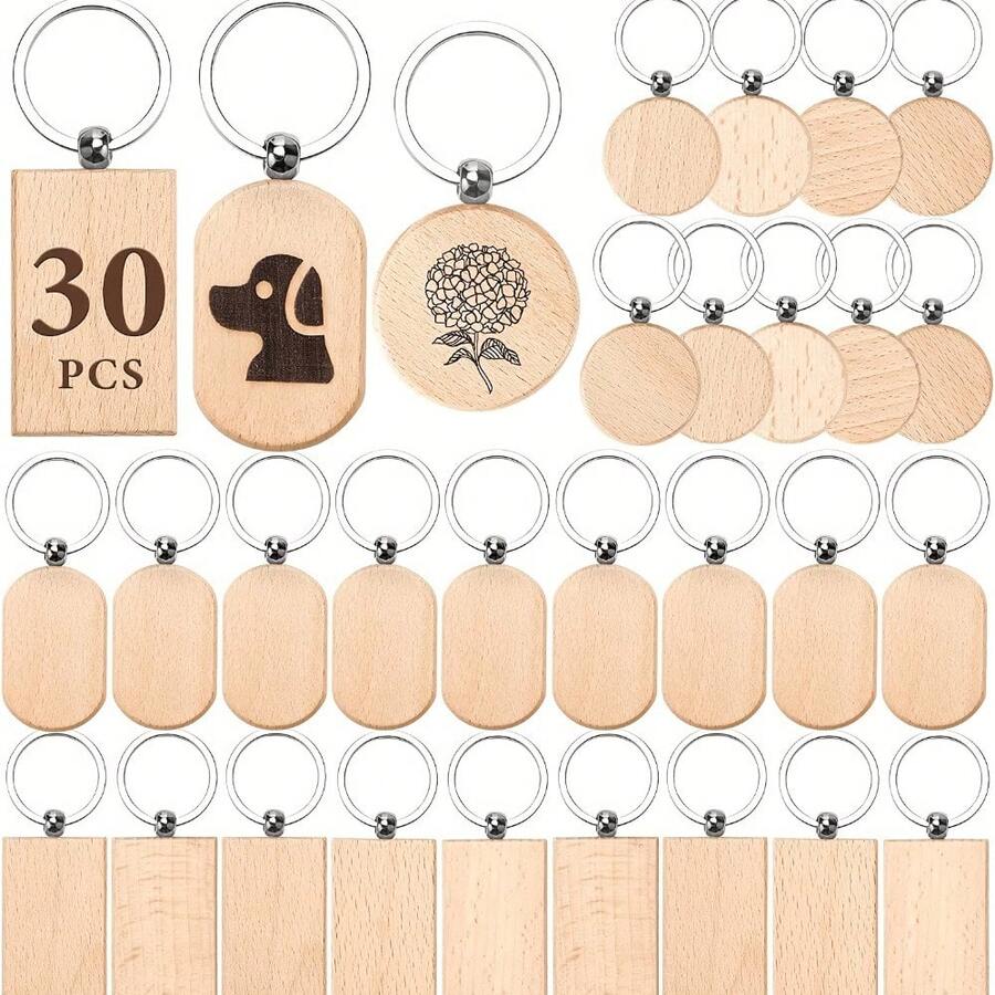 30pcs Unfinished Wooden Key Chains, 3 Shapes Laser Engraved Blank Key Rings, Bulk Wooden Key Fobs For DIY Craft Gifts, Various Key Chains And Key Tags - as shown - View 1