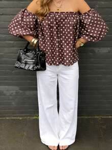 Women's Polka Dot Print Off-Shoulder Puff Sleeve Loose Top, Fashionable Resort Style For Summer - Coffee Brown - View 2