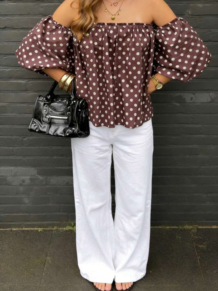 Blusa holgada con estampado de lunares, mangas abultadas y hombros descubiertos, estilo de resort de moda para vacaciones de verano - Café integral - Añade 2