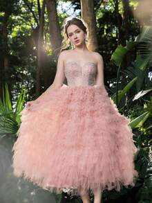 Faeriesty Elegante abito da sera senza spalline con scollo a cuore impreziosito da cristalli, vita aderente e gonna plissettata lunga a linea A, adatto per balli, lauree e occasioni serali, rosa per matrimoni primaverili/estivi - Rosa - Visualizzare 5