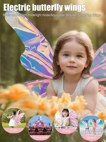 女孩电动翅膀服装玩具，带灯光、音乐和自动拍动翅膀功能，音乐/静音模式，适合角色扮演/派对/主题公园/婚礼/万圣节/圣诞节等场合，需自行组装，配有可调节肩带，是送礼佳品。 - 粉色 - 查看 3