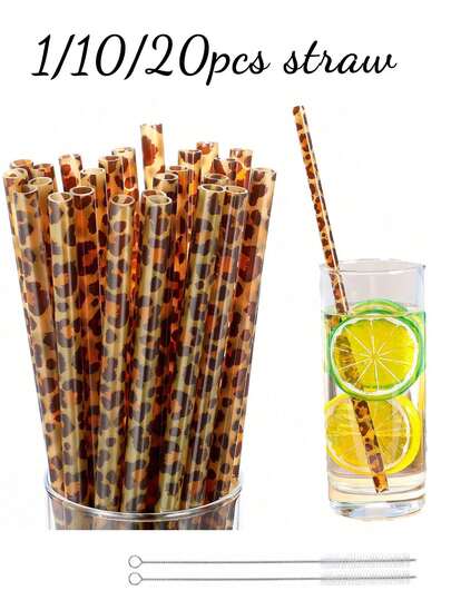 1/10/20pcs Reusable Leopard Print Plastic Cheetah Animal Straws With 1/2pcs Cleaning Brush - Durable PP Material, Perfect For Women'S Tumblers, Drinking, Safari-Themed Parties, Halloween, Christmas, New Year, And More, Party Drink Accessories | Playful Design | Durable Plastic Straws, Leopard Print Straws, Leopard Print Straw, Leopard Straw, Bottle Accessory, Straw Cover