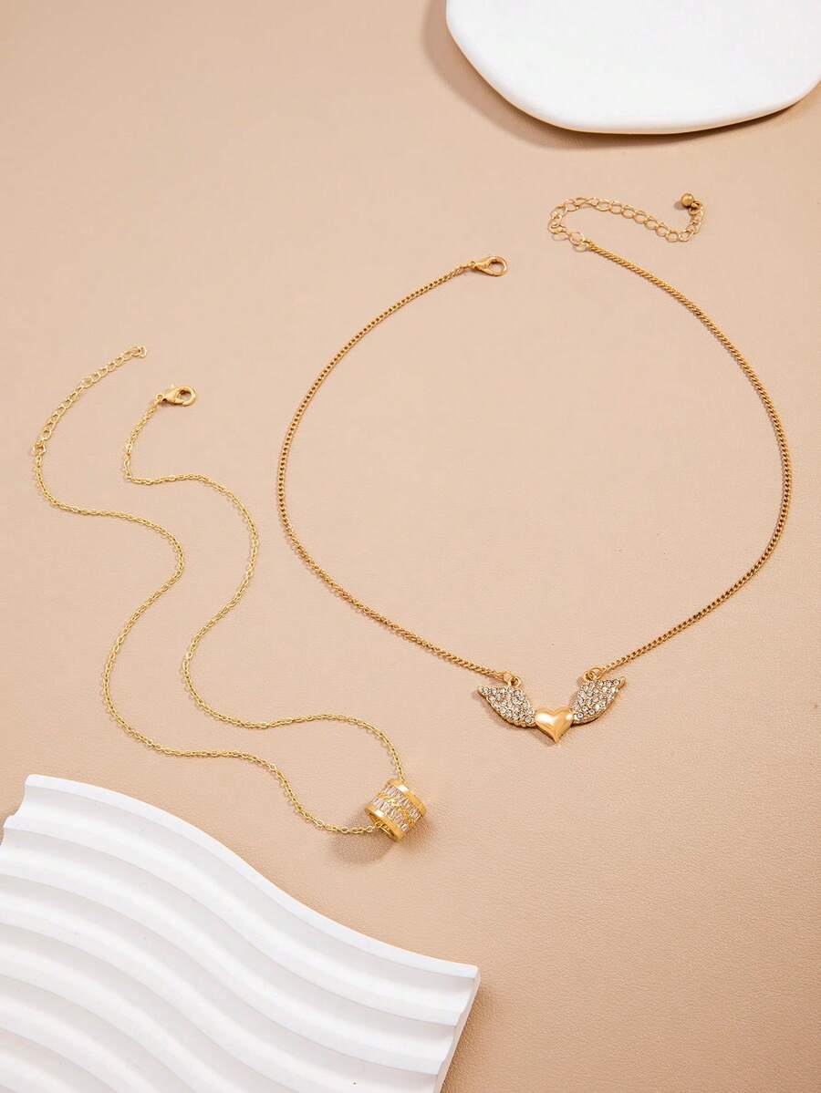 1pc Fashionable Minimalist Angel Wing Heart-Shaped Rhinestone Necklace, Versatile Accessory To Match Outfits - Gold - View 1