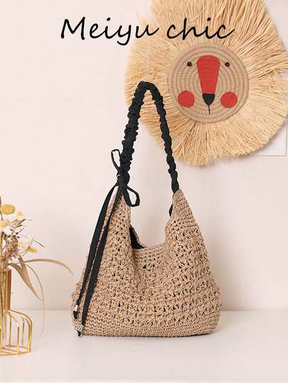 Nouveau sac de paille à fleur creuse robuste à grande capacité, monobretelle, couleur unie avec glands, design ajouré tissé, couleur unie avec design nœud lacé, sac fourre-tout monobretelle en forme de croissant pour femmes. Caractéristiques : fermeture magnétique unicolore, design unique de bandoulière, détail nœud. L'intérieur peut contenir des articles de tous les jours comme du rouge à lèvres, des clés et des cosmétiques. Convient aux femmes pour le travail, les déplacements, les courses, les voyages d'affaires et les sorties quotidiennes.