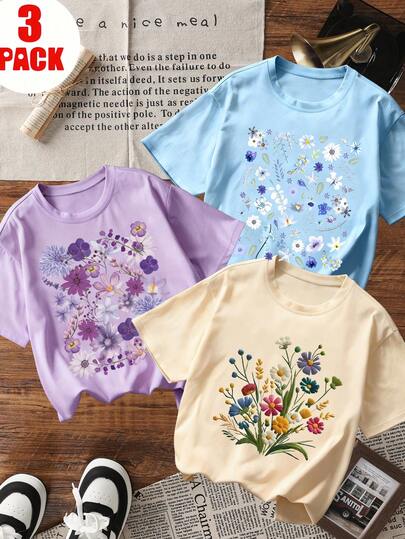 3pcs/Set Tween Girls Floral Print Short Sleeve T-Shirts, Suitable For Tween GirlsSummer Tops, Young Student Clothing