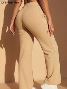 Pantalón de vestir mujer cintura alta pierna ancha stretch crepé casual elegante para oficina reuniones eventos bolsillos pretina elasticada botón forrado antiarrugas sin transparencia suave - Beis - Ver 8