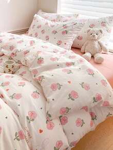 Juego de ropa de cama de 4 piezas con estampado de conejo rosa estilo coreano Ins (1 funda nórdica + 2 fundas de almohada + 1 sábana plana, sin edredón ni almohada), de microfibra suave, adecuado para dormitorio principal, habitación de invitados, dormitorio, impresión de alta definición, lavable a máquina, disponible en tamaños pequeño/grande/individual/doble - Rosa - Ver 11