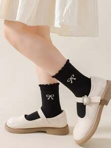 3 Pairs Kids Socks With Black Lace Bow Design, Girls Toddler Versatile Mid-Calf Socks, Suitable For Daily Wear All Seasons - Multicolor - View 3