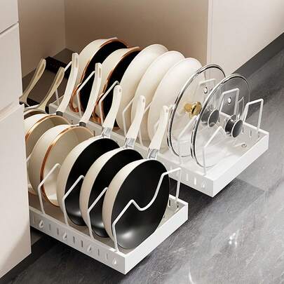 1 pieza Estante multiusos extraíble para utensilios de cocina, adecuado para almacenar tapas de ollas, vajilla, utensilios de cocina, etc. Duradero y ahorra espacio, se desliza hacia afuera y se puede instalar dentro de los armarios. Adecuado para cocinas domésticas, restaurantes y hoteles.