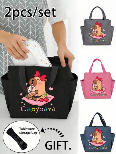 1pc Lunch Bag With Pockets Printed With A Water Dolphin With A Red Bow, Personalized Insulated Lunch Bag, Portable Lunch Bag, Lunch Box For Adults, Large Capacity Multi-Pocket Lunch Bag, Work Lunch Bag For Office, Fitness Meal Prep Bag, Four Colors Available, Suitable For Business Trips, School, Picnics, Etc, Can Also Be Given As Holiday Gifts Or Birthday Gifts To Family Or Friends