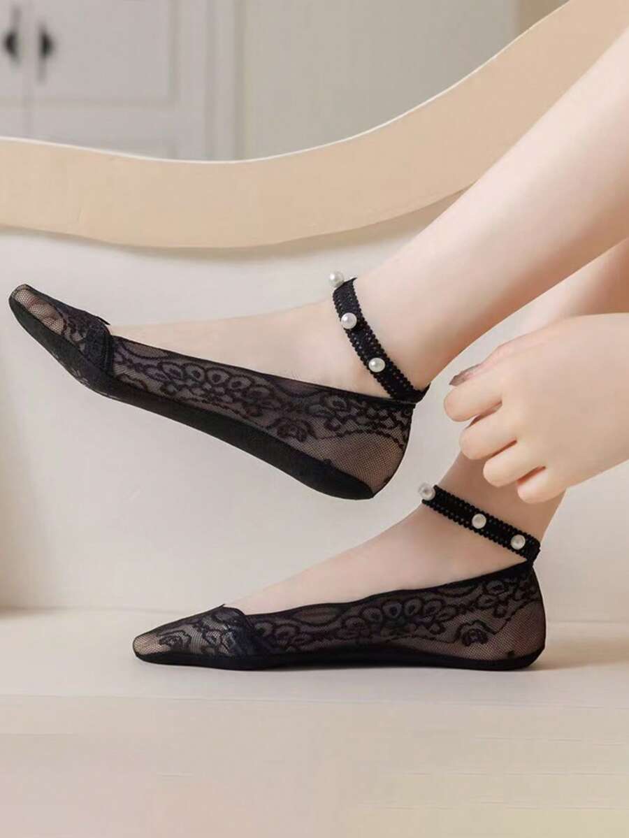 1/3/5双装女士珍珠带船袜，蕾丝镂空边，夏季薄款隐形袜，低帮硅胶防滑袜 - 彩色 - 查看 1