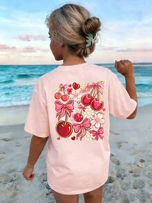 Tween Girls Students Casual Printed Round Neck Short Sleeve T-Shirt, Summer Top - Pink - View 1