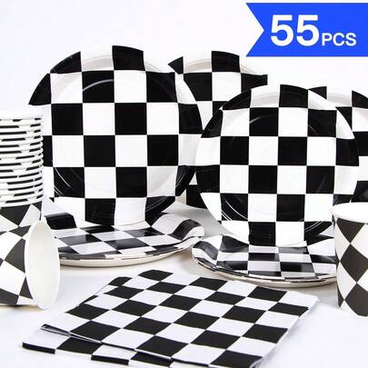 Bộ đồ dùng tiệc dùng một lần gồm đĩa, khăn ăn và cốc kẻ caro - Phù hợp cho 10 khách, đĩa giấy dùng một lần cho tiệc sinh nhật, đám cưới, tiệc theo chủ đề, dã ngoại gia đình.