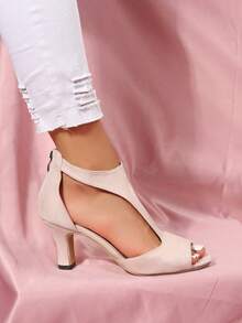 Women's Peep Toe Chunky Heel Sandals T-Strap Ankle Buckle Back Zipper Dress Shoes Sandalias De Mujer Elegante Tenis Tenis Para - 粉色 - 查看 2