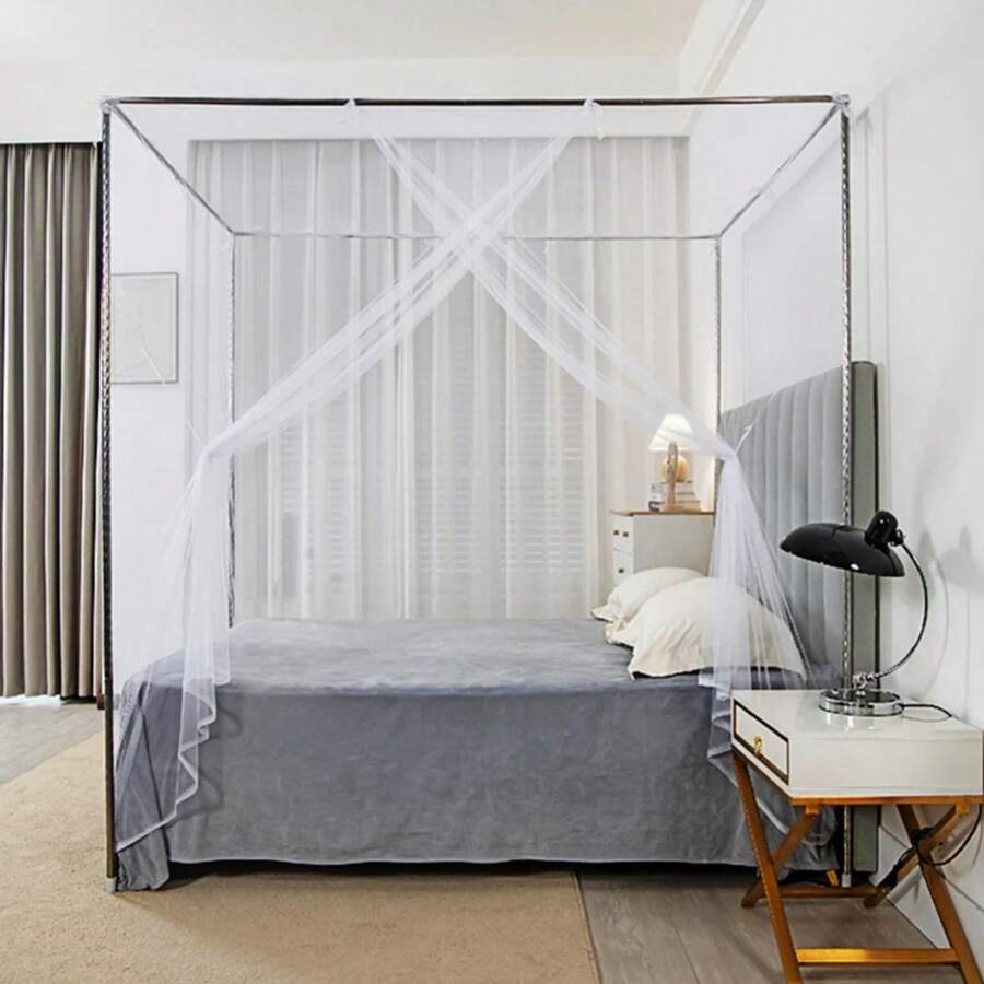 Mosquitera de malla fina y cuadrada para cama individual con una abertura y lazo decorativo para el hogar, dormitorio, camping y viajes. - Blanco - Ver 1