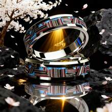 时尚8毫米银色陶瓷316L不锈钢戒指，男女通用，镶嵌合成蓝色蛋白石，发光戒指，舒适贴合，珠宝礼品 - 銀色陶瓷不銹鋼 - 查看 3