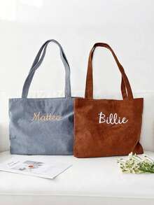 Customized Embroidered Corduroy Handbag, Personalized Bridesmaid Gift, Embroidered Shoulder Bag, Zipper Pouch, Tote Bag - Multicolor - View 4