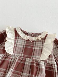 Spring Baby Girls' Plaid Romper, Korean Style Lace Trim Bodysuit, Autumn - Red - View 3