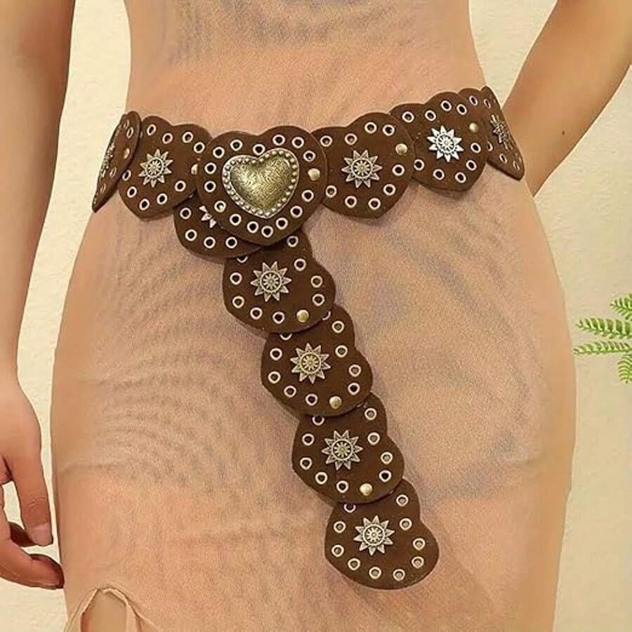 Western Vintage Hollow Wide Disc Leather Belt For Women - Boho Chunky Waist Belt With Cowboy Metal Buckle & Concho, Stylish Versatile Western Boho Accessory - 黑色 - 查看 1