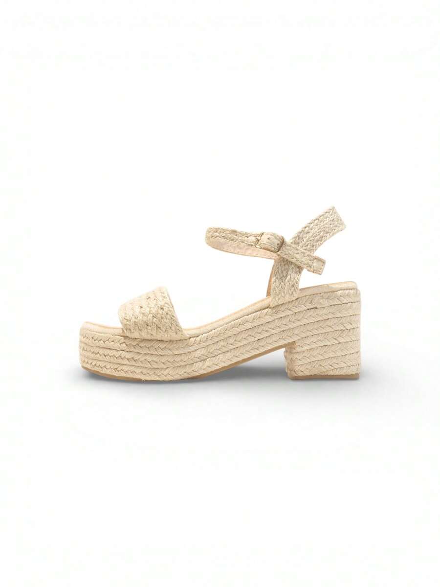 Women's Platform Sandals With Wide Heel And Adjustable Ankle Strap, Espadrille Style Braided Jute Design, Comfortable Beige Mid-Heel Sandals For Summer - 米色 - 查看 1