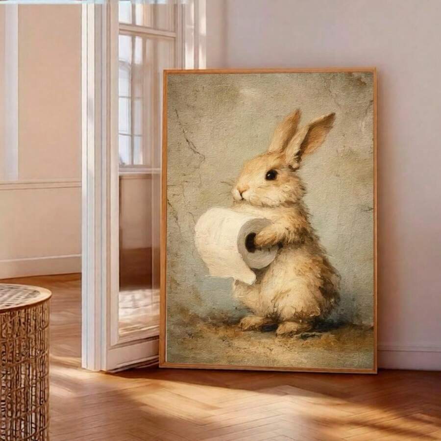 1pc Vintage Rabbit & Toilet Paper Easter Pattern Bathroom Wall Decor - Funny Farmhouse Style Decoration - Printable Rabbit Wall Art, Suitable For Home, Room, Bedroom, Living Room, Bathroom Decor, Wall Art With Frame