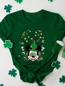 Disney Women's T-Shirt Featuring St. Patrick's Day-Inspired Mickey Mouse Lettering Cartoon Print. Spring/Summer Women's Crew Neck Tee Crafted From Soft, Comfortable Fabric. A Stylish Disney Women's Graphic Tee Perfect For Everyday Wear, Outings, Travel, And Leisure-Also Makes An Exquisite Gift. - màu xanh lá - Xem 1