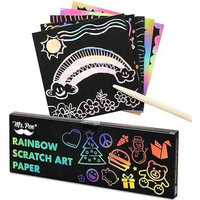 Mr. Pen- Scratch Art For Kids With Wooden Stylus, 125 Pcs, Rainbow Scratch Paper, Scratch Art Paper