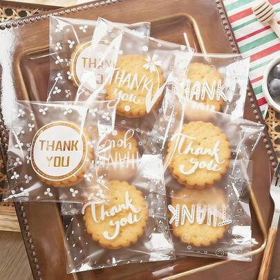 50/100pcs Self-Adhesive "Thank You" Cookie Bags, 4x4 Inch White Polka Dot Clear Cellophane Candy Bags For Individually Packing Desserts, Pastries, Candies, Cookies, Party Favors, Baking